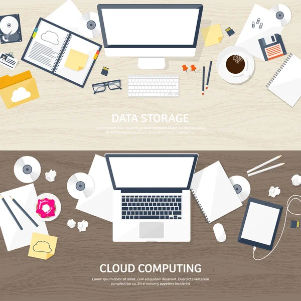 Vector illustration. Workplace, table with documents, computer. Flat cloud computing background. Media, data server. Web storage.CD. Paper blank. Digital technologies. Internet connection. Wooden — Stock Vector