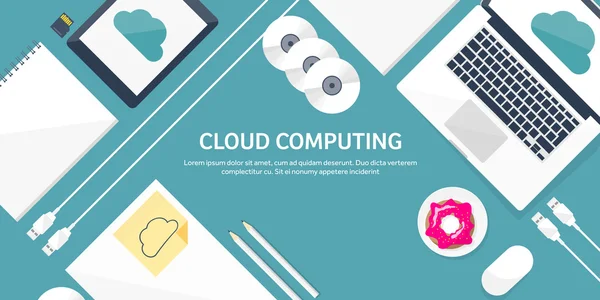Vector illustration. Workplace, table with documents, computer. Flat cloud computing background. Media, data server. Web storage.CD. Paper blank. Digital technologies. Internet connection. — Stock Vector