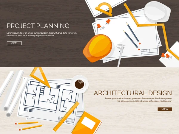 Vectorillustratie. Engineering en architectuur. Tekening constructie. Architecturaal project. Ontwerpen, schetsen. Werkruimte met tools. Planning, gebouw. Houten achtergrond. — Stockvector