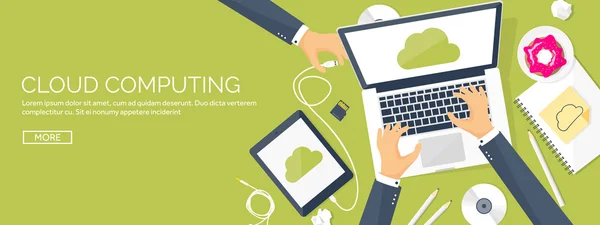 Vektorillustration. Arbeitsplatz, Tisch mit Dokumenten, Computer. flache Cloud Computing Hintergrund. Medien, Datenserver. web storage.cd. Papier leer. Digitale Technologien. Internetanschluss. — Stockvektor