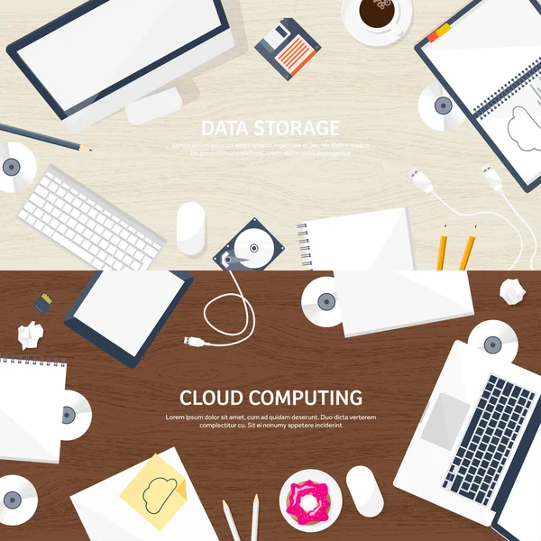 Vector illustration. Workplace, table with documents, computer. Flat cloud computing background. Media, data server. Web storage.CD. Paper blank. Digital technologies. Internet connection. Wooden — Stock Vector