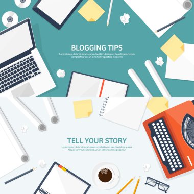 Vektör illüstrasyon. Düz daktilo. Dizüstü. Hikayeni anlat. Yazar. Bloglama.