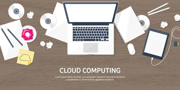 Vector illustration. Workplace, table with documents, computer. Flat cloud computing background. Media, data server. Web storage.CD. Paper blank. Digital technologies. Internet connection. Wooden — стоковий вектор