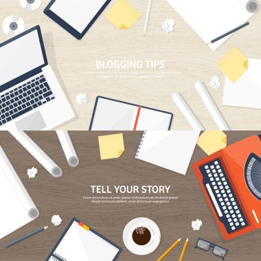 Vektör illüstrasyon. Düz daktilo. Dizüstü. Hikayeni anlat. Yazar. Bloglama.Ahşap doku, ahşap.