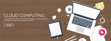 Vector illustration. Workplace, table with documents, computer. Flat cloud computing background. Media, data server. Web storage.CD. Paper blank. Digital technologies. Internet connection. Wooden