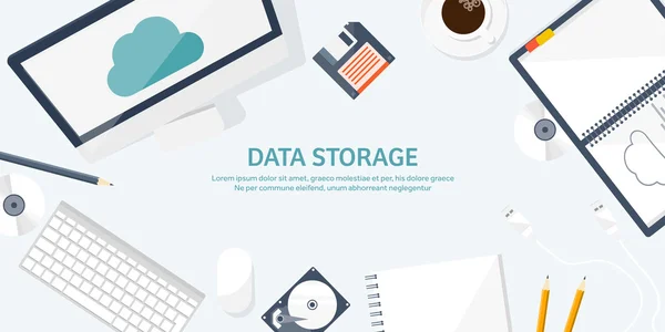 Vector illustration. Workplace, table with documents, computer. Flat cloud computing background. Media, data server. Web storage.CD. Paper blank. Digital technologies. Internet connection. — Stock Vector