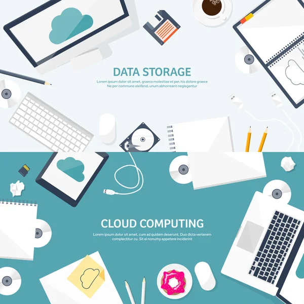 Vector illustration. Workplace, table with documents, computer. Flat cloud computing background. Media, data server. Web storage.CD. Paper blank. Digital technologies. Internet connection. — Stock Vector