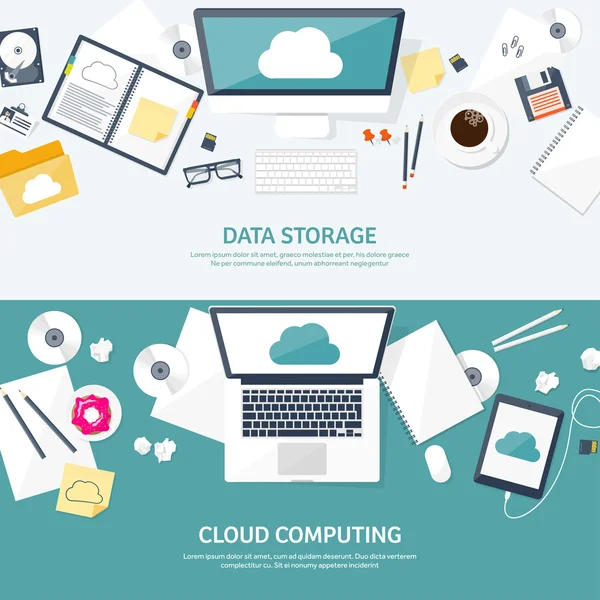 Vector illustration. Workplace, table with documents, computer. Flat cloud computing background. Media, data server. Web storage.CD. Paper blank. Digital technologies. Internet connection. — Stock Vector