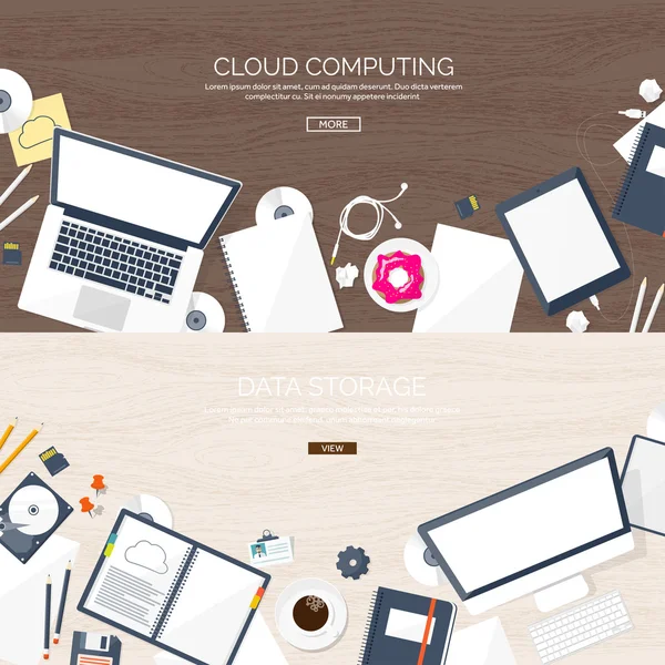 Vector illustration. Workplace, table with documents, computer. Flat cloud computing background. Media, data server. Web storage.CD. Paper blank. Digital technologies. Internet connection. Wooden — ストックベクタ