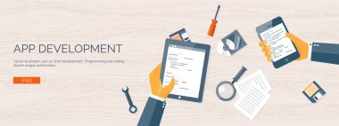 Vektör çizim. Düz arka plan. Kodlama, programlama. SEO. Arama Motoru Optimizasyonu. Uygulama geliştirme, oluşturma. Yazılım, program kodu. Web Tasarım.