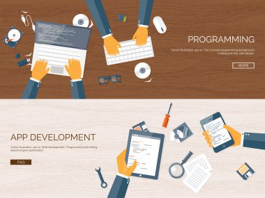 Vektör çizim. Düz arka plan. Kodlama, programlama. SEO. Arama Motoru Optimizasyonu. Uygulama geliştirme, oluşturma. Yazılım, program kodu. Web Tasarım.