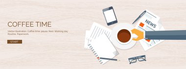 Vektör illüstrasyon. Düz başlık. Yaratıcılık, fikir üretme. Beyin fırtınası, kahve duraklatma. Çalışma. Günlük rutin.