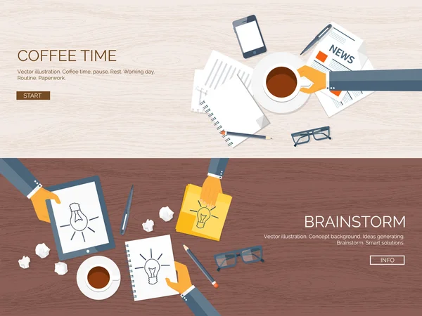 Platte vector illustratie achtergronden set. Creativiteit, het genereren van ideeën. Brainstorm, koffiepauze. Werken. Alledaagse routine. — Stockvector