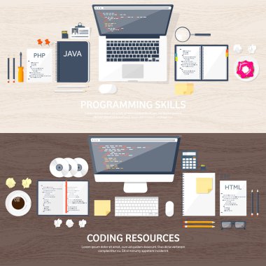 Programlama, kodlama. Düz bilgi işlem arka plan. Kod, donanım, yazılım. Web geliştirme. Arama Motoru Optimizasyonu. Yenilik, teknoloji. Mobil uygulama vektör çizim. SEO.