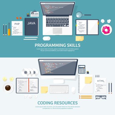 Programlama, kodlama. Düz bilgi işlem arka plan. Kod, donanım, yazılım. Web geliştirme. Arama Motoru Optimizasyonu. Yenilik, teknoloji. Mobil uygulama vektör çizim. SEO.