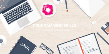 Programlama, kodlama. Düz bilgi işlem arka plan. Kod, donanım, yazılım. Web geliştirme. Arama Motoru Optimizasyonu. Yenilik, teknoloji. Mobil uygulama vektör çizim. SEO.