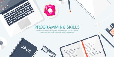 Programlama, kodlama. Düz bilgi işlem arka plan. Kod, donanım, yazılım. Web geliştirme. Arama Motoru Optimizasyonu. Yenilik, teknoloji. Mobil uygulama vektör çizim. SEO.