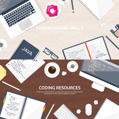 Programlama, kodlama. Düz bilgi işlem arka plan. Kod, donanım, yazılım. Web geliştirme. Arama Motoru Optimizasyonu. Yenilik, teknoloji. Mobil uygulama vektör çizim. SEO.