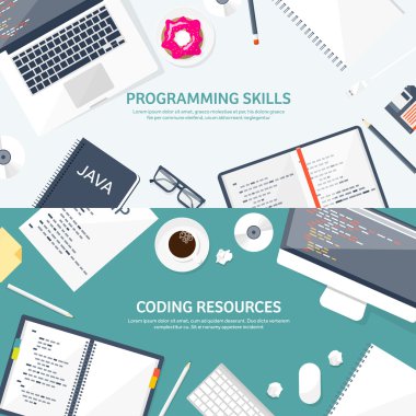 Programlama, kodlama. Düz bilgi işlem arka plan. Kod, donanım, yazılım. Web geliştirme. Arama Motoru Optimizasyonu. Yenilik, teknoloji. Mobil uygulama vektör çizim. SEO.