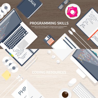 Programlama, kodlama. Düz bilgi işlem arka plan. Kod, donanım, yazılım. Web geliştirme. Arama Motoru Optimizasyonu. Yenilik, teknoloji. Mobil uygulama vektör çizim. SEO.