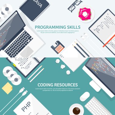 Programlama, kodlama. Düz bilgi işlem arka plan. Kod, donanım, yazılım. Web geliştirme. Arama Motoru Optimizasyonu. Yenilik, teknoloji. Mobil uygulama vektör çizim. SEO.