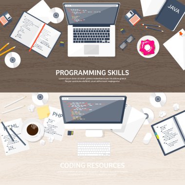 Programlama, kodlama. Düz bilgi işlem arka plan. Kod, donanım, yazılım. Web geliştirme. Arama Motoru Optimizasyonu. Yenilik, teknoloji. Mobil uygulama vektör çizim. SEO.