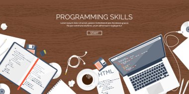 Programlama, kodlama. Düz bilgi işlem arka plan. Kod, donanım, yazılım. Web geliştirme. Arama Motoru Optimizasyonu. Yenilik, teknoloji. Mobil uygulama vektör çizim. SEO.