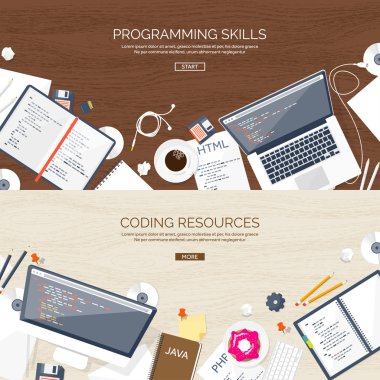 Programlama, kodlama. Düz bilgi işlem arka plan. Kod, donanım, yazılım. Web geliştirme. Arama Motoru Optimizasyonu. Yenilik, teknoloji. Mobil uygulama vektör çizim. SEO.