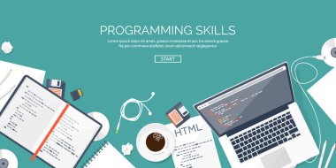 Programlama, kodlama. Düz bilgi işlem arka plan. Kod, donanım, yazılım. Web geliştirme. Arama Motoru Optimizasyonu. Yenilik, teknoloji. Mobil uygulama vektör çizim. SEO.