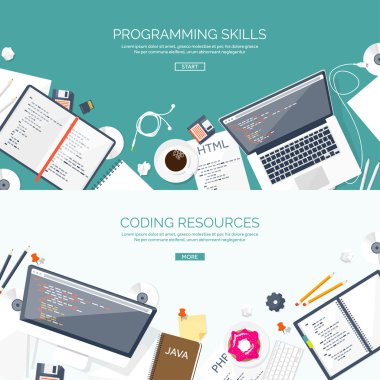 Programlama, kodlama. Düz bilgi işlem arka plan. Kod, donanım, yazılım. Web geliştirme. Arama Motoru Optimizasyonu. Yenilik, teknoloji. Mobil uygulama vektör çizim. SEO.