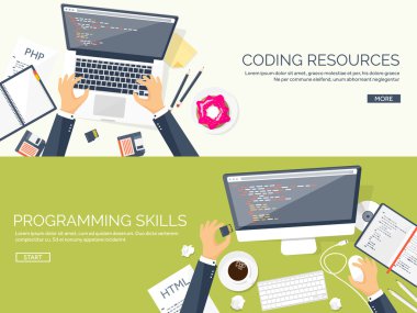 Programlama, kodlama. Düz bilgi işlem arka plan. Kod, donanım, yazılım. Web geliştirme. Arama Motoru Optimizasyonu. Yenilik, teknoloji. Mobil uygulama vektör çizim. SEO.