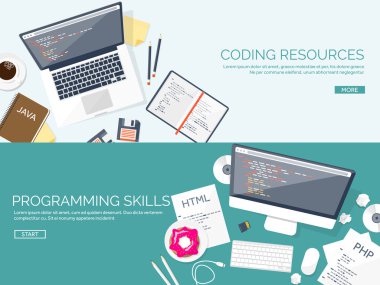 Programlama, kodlama. Düz bilgi işlem arka plan. Kod, donanım, yazılım. Web geliştirme. Arama Motoru Optimizasyonu. Yenilik, teknoloji. Mobil uygulama vektör çizim. SEO.