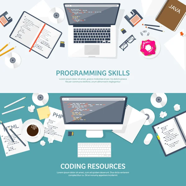 Programmazione, codifica. Contesto informatico piatto. Codice, hardware, software. Sviluppo web. Ottimizzazione dei motori di ricerca. Innovazione, tecnologie. App mobile. Illustrazione vettoriale. SEO . — Vettoriale Stock