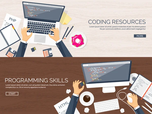 Programování, kódování. Ploché počítačové zázemí. Kód, hardware, software. Vývoj webových aplikací. Optimalizace pro vyhledávače. Inovace, technologie. Mobilní app. vektorové ilustrace. SEO. — Stockový vektor