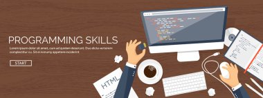 Programlama, kodlama. Düz bilgi işlem arka plan. Kod, donanım, yazılım. Web geliştirme. Arama Motoru Optimizasyonu. Yenilik, teknoloji. Mobil uygulama vektör çizim. SEO.