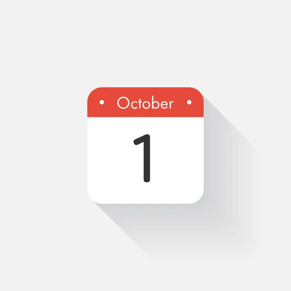 Icona Calendario con lunga ombra. Stile piatto. Data, giorno e mese. Promemoria. Illustrazione vettoriale. Applicazione organizzatore, simbolo dell'app. Ui. Segno di interfaccia utente. Ottobre. 1 — Vettoriale Stock