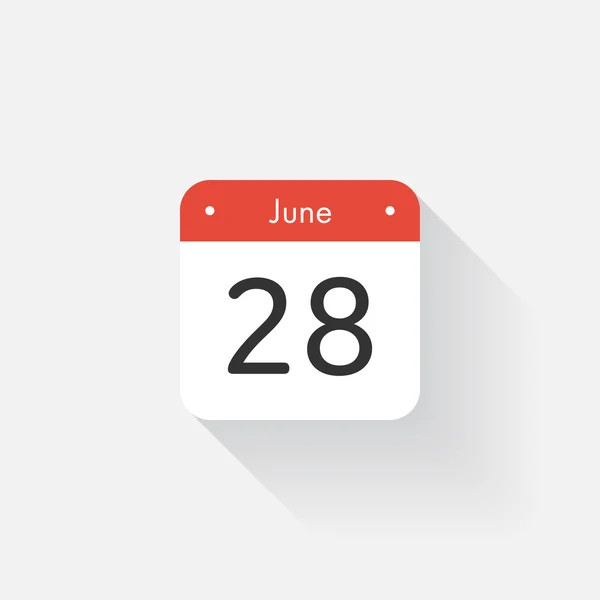 長い影を持つカレンダーアイコン。フラットスタイル。日付、日、月。アラーム。ベクトルイラスト。オーガナイザーアプリケーション、アプリシンボル。Ui。ユーザー インターフェイスの記号。6 月。28 — ストックベクタ