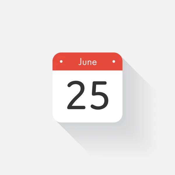 Calendar Icon with long shadow. Flat style. Date,day and month. Reminder. Vector illustration. Organizer application, app symbol. Ui. User interface sign. June. 25 — Stock vektor
