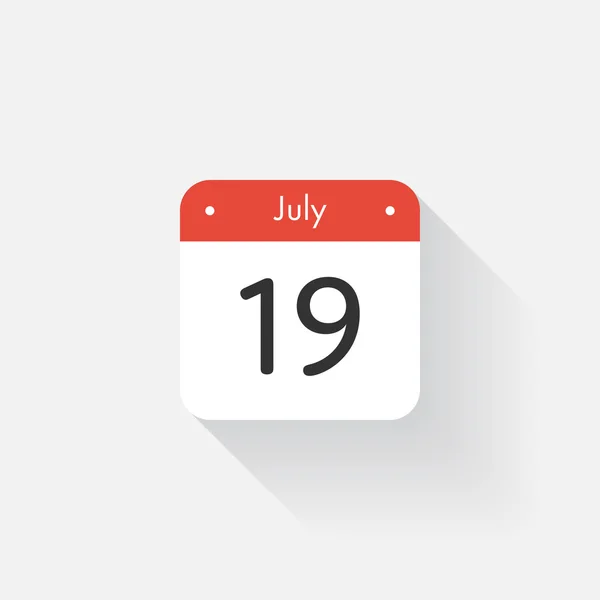 Kalender-ikonen med långa skugga. Platt stil. Datum, dag och månad. Påminnelse om. Vektor illustration. Arrangör ansökan, app symbol. UI. User interface tecken. Juli. 19 — Stock vektor