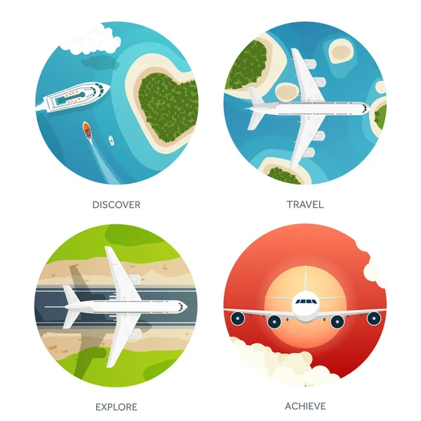 Ilustración vectorial. Viajes y turismo. Avión, aviación. Vacaciones de verano, vacaciones. Aterrizaje en avión. Vuelo, vuelo aéreo. Cielo, aire, fondo tropical. Viaje. Isla, mar, barcos . — Archivo Imágenes Vectoriales