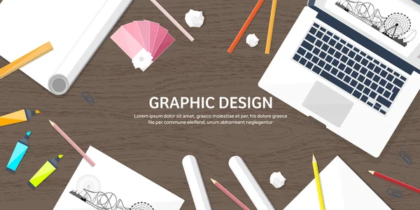 Web design gráfico. Desenho e pintura. Desenvolvimento. Ilustração, esboço, freelance. Interface de usuário. UI. Computador, portátil. Textura de madeira . — Vetor de Stock