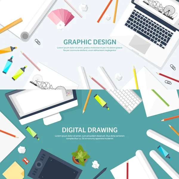 Diseño gráfico web. Dibujo y pintura. Desarrollo. Ilustración, boceto, freelance. Interfaz de usuario. Interfaz. Ordenador portátil . — Vector de stock