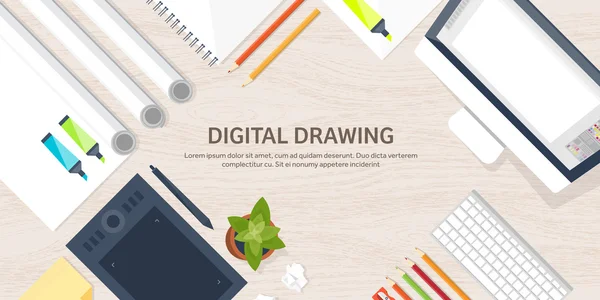 Graphisme web design. Dessin et peinture. Développement. Illustration, croquis, freelance. Interface utilisateur. L'assurance chômage. Ordinateur, ordinateur portable. Texture bois . — Image vectorielle