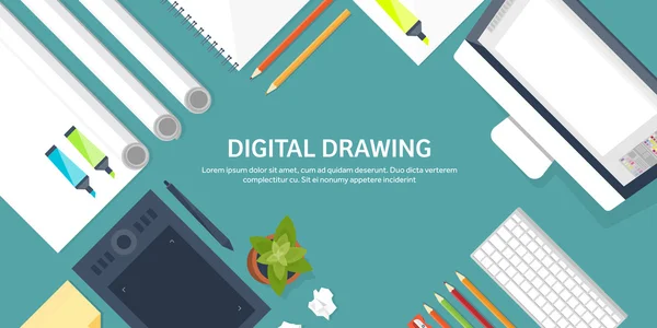 Grafische webdesign. Tekenen en schilderen. Ontwikkeling. Illustratie, schetsen, freelance. Gebruikersinterface. UI. Computer, laptop. — Stockvector