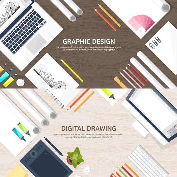 Web design gráfico. Desenho e pintura. Desenvolvimento. Ilustração, esboço, freelance. Interface de usuário. UI. Computador, portátil. Textura de madeira . — Vetor de Stock