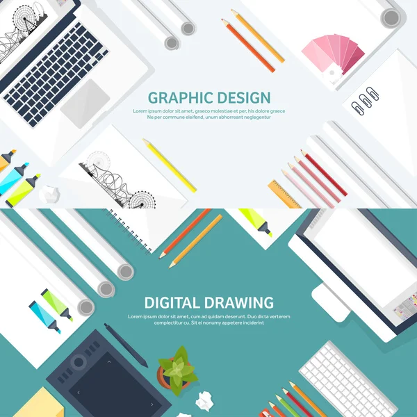 Grafische webdesign. Tekenen en schilderen. Ontwikkeling. Illustratie, schetsen, freelance. Gebruikersinterface. UI. Computer, laptop. — Stockvector