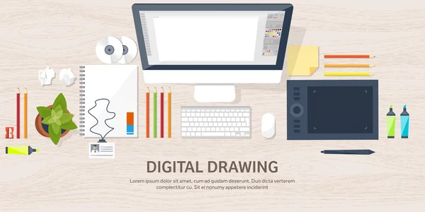 Grafisk webbdesign. Teckning och målning. Utveckling. Illustration, skissa, frilans. Användargränssnitt. Ui. Dator, laptop. Trä konsistens. — Stock vektor