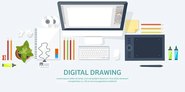 Graphic web design. Drawing and painting. Development. Illustration, sketching, freelance. User interface. UI. Computer, laptop. — Stock Vector