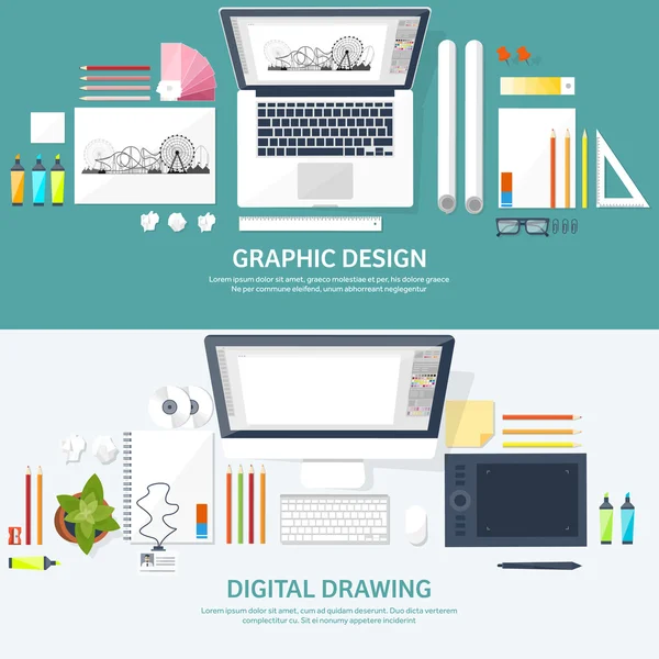 Diseño gráfico web. Dibujo y pintura. Desarrollo. Ilustración, boceto, freelance. Interfaz de usuario. Interfaz. Ordenador portátil . — Vector de stock