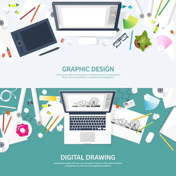 Grafiska webbdesign. Teckning och målning. Utveckling. Illustration, skissa, frilans. Förbrukaren gräns flat. UI. Dator, bärbar dator. — Stock vektor